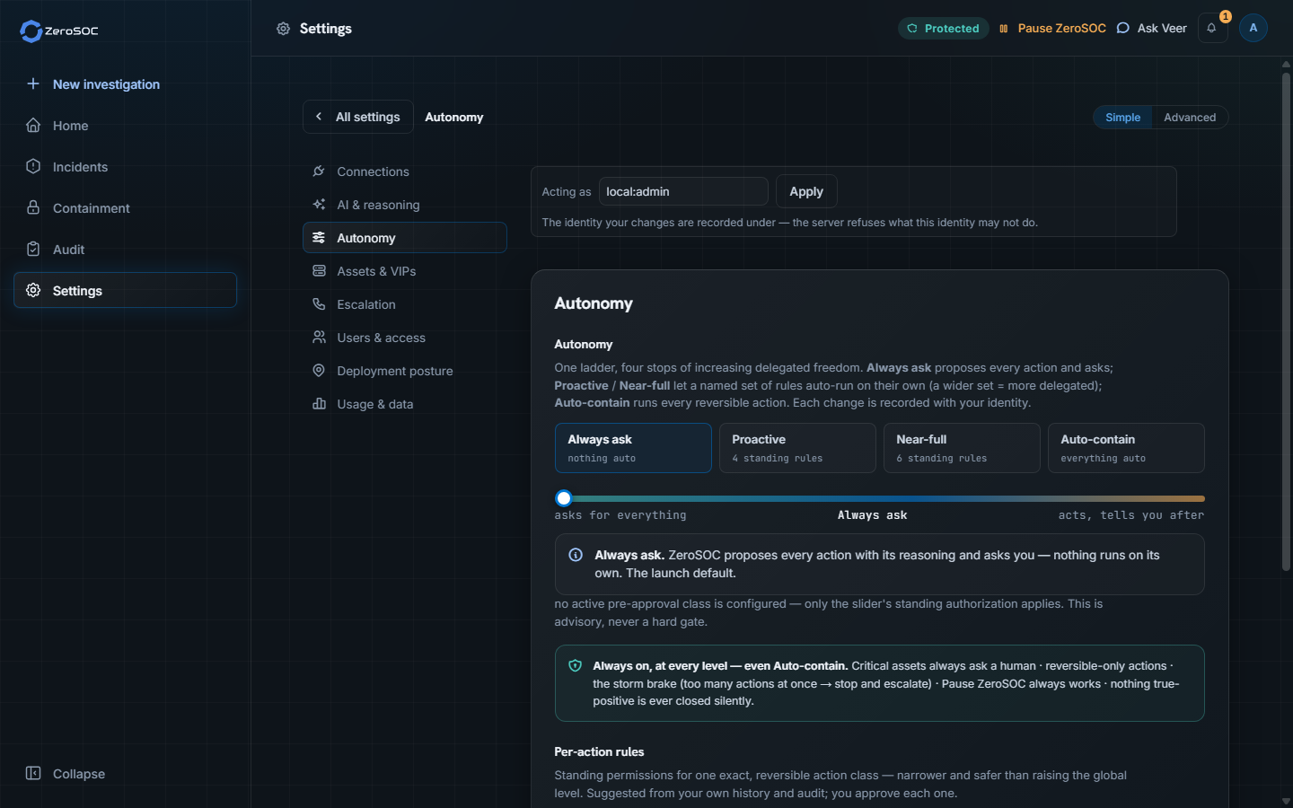 ZeroSOC Analyst Console: Operator Autonomy Controls