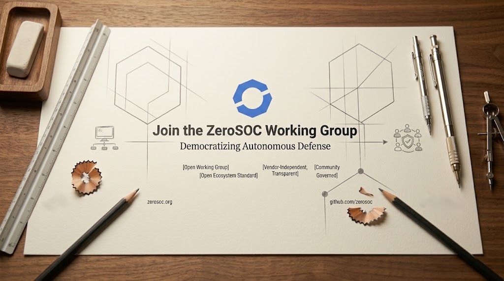 Blueprint sketch on a drafting table reading: Join the ZeroSOC Working Group — Democratizing Autonomous Defense.